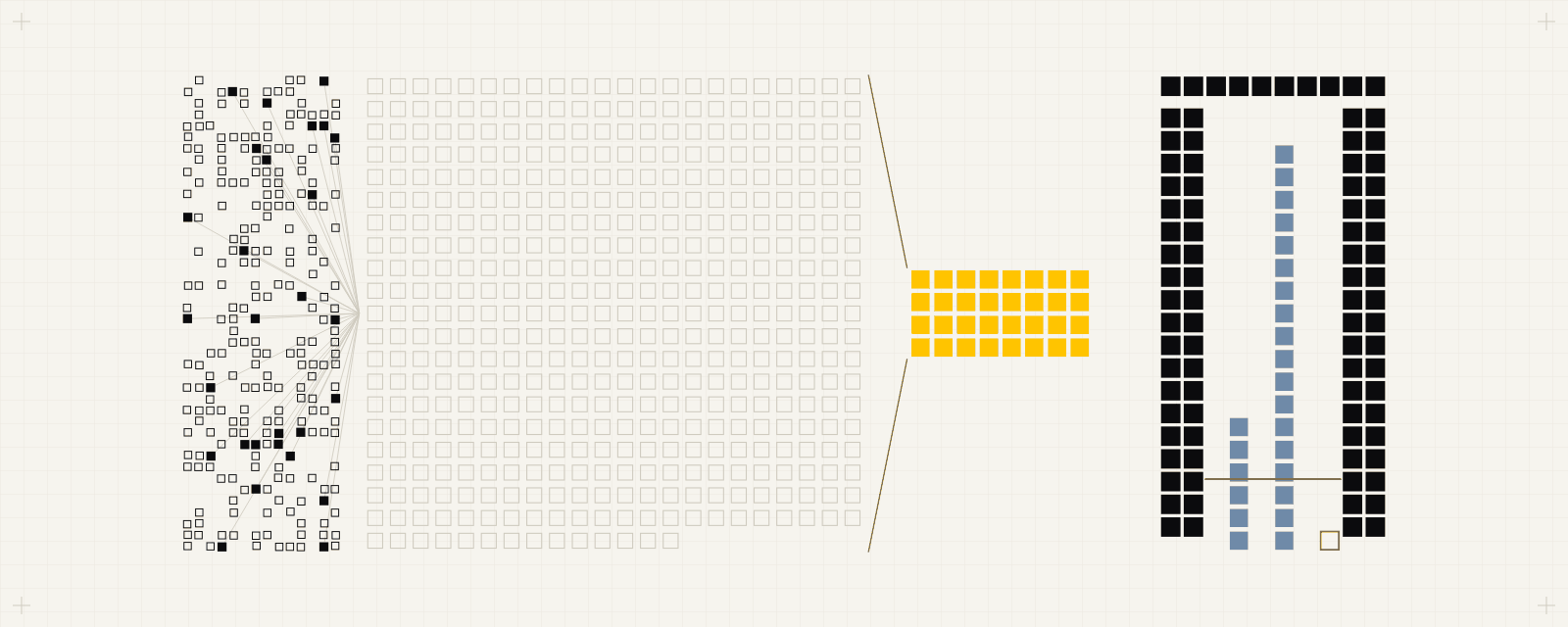 Cover art: 28 filled squares and 217 small empty rings scattered on grid paper, the filled ones joined by hairlines to a wide block of 454 empty cells, beside 32 yellow cells at the same pitch, then a gate of ink posts around two grey-blue columns and one empty yellow cell at its base