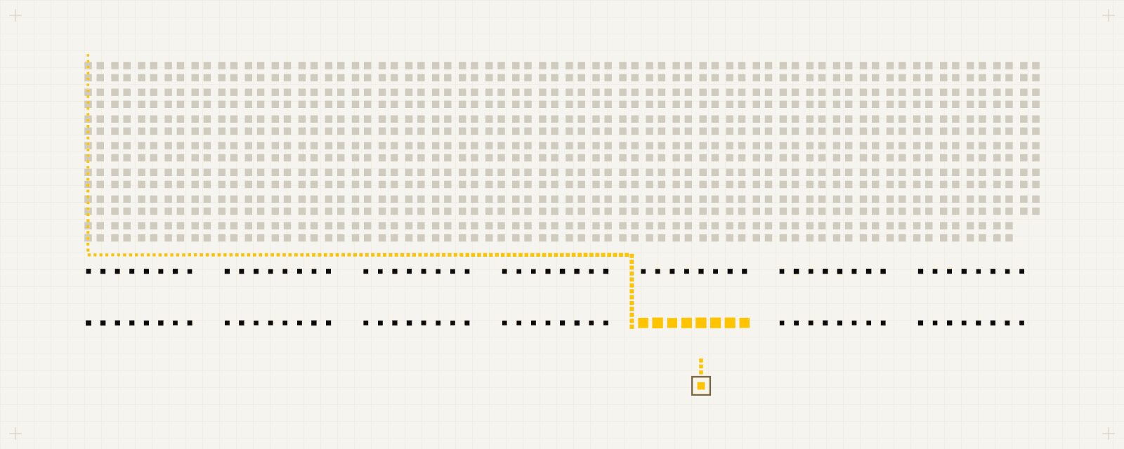 Cover art: a faint wall of 251 small tiles above 14 larger square-matrix tiles; a yellow route runs from the top into one yellow tile and down to a framed node