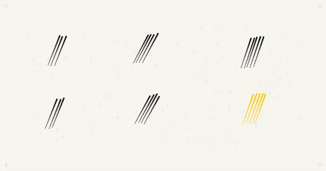 Cover art: six clusters of diagonal scratch marks made of small squares, five in ink and one in yellow