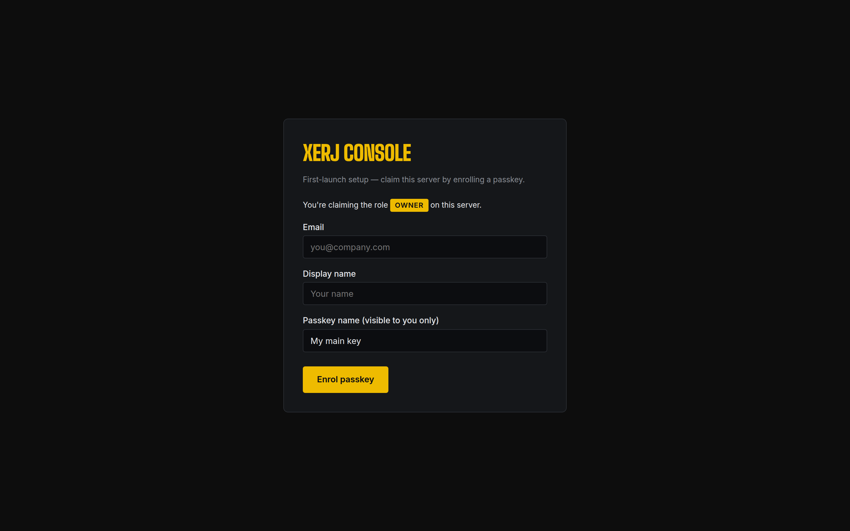 Xerj Console setup page — first-launch passkey claim form, OWNER role pill
