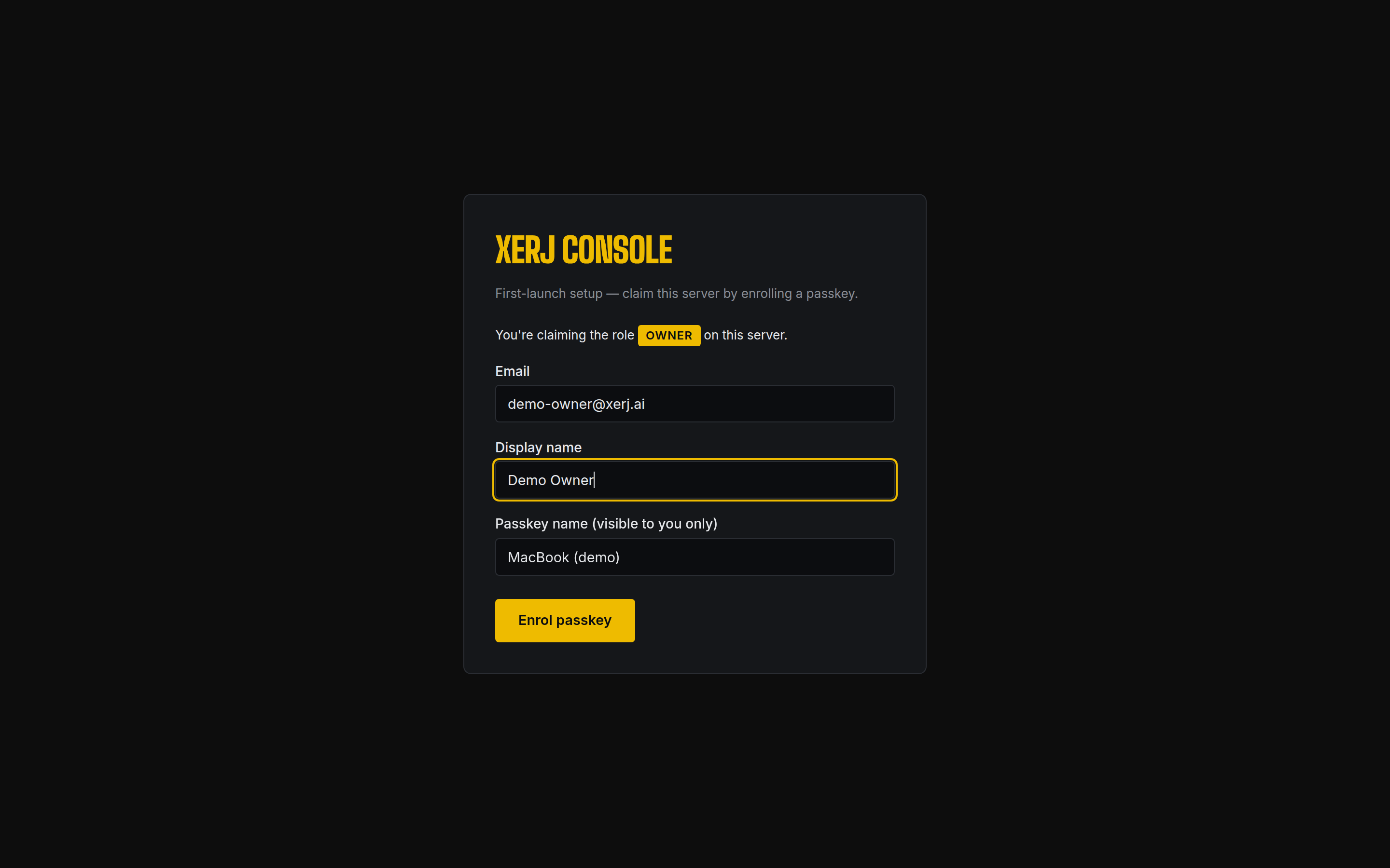 Setup form filled — email, display name, passkey nickname