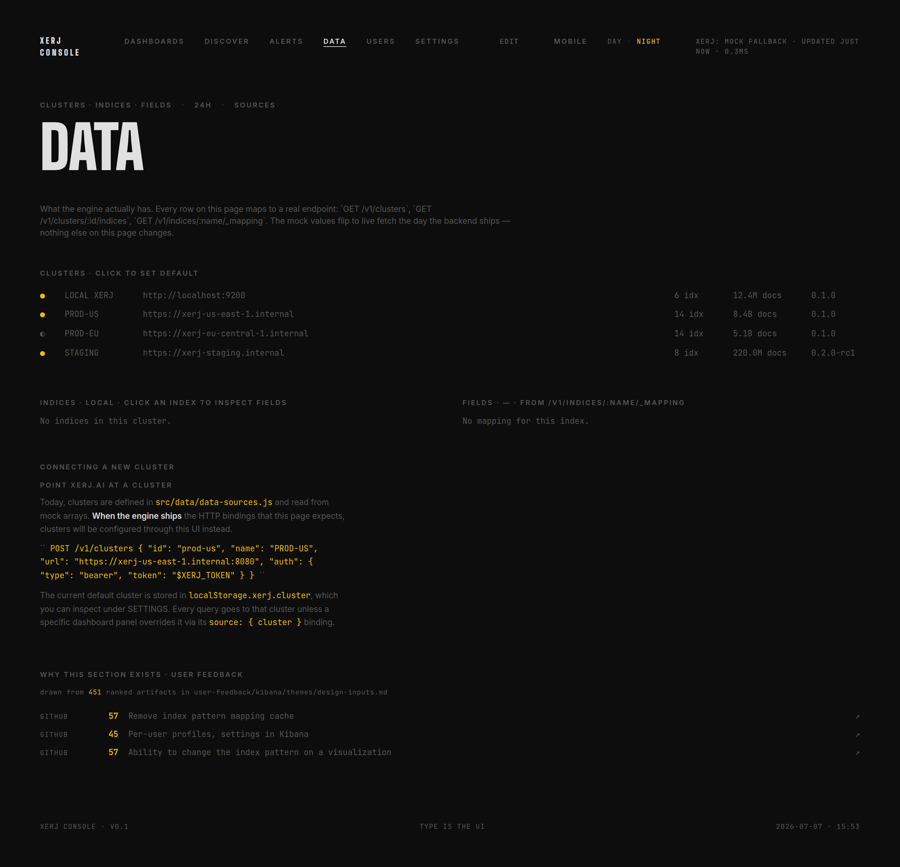 Xerj Console DATA · LOCAL cluster live with 6 idx / 12.4 M docs