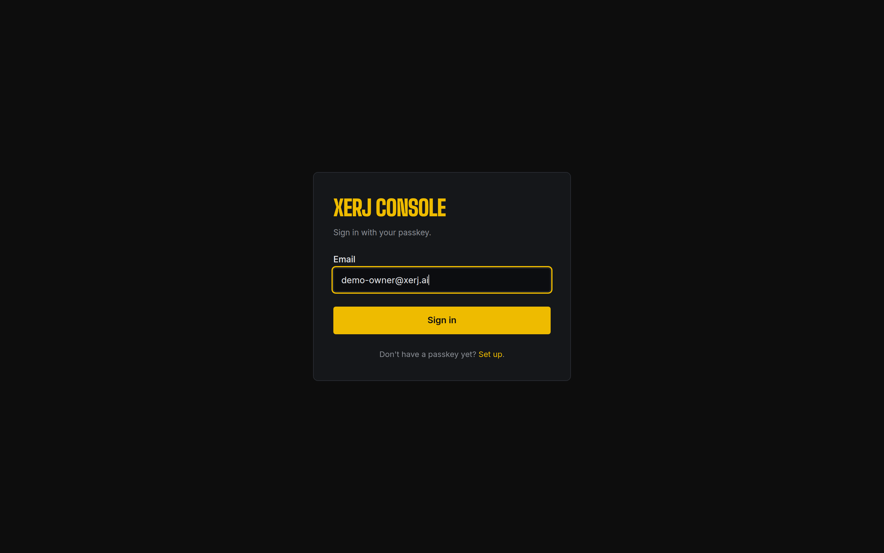 Xerj Console login page — sign in with passkey